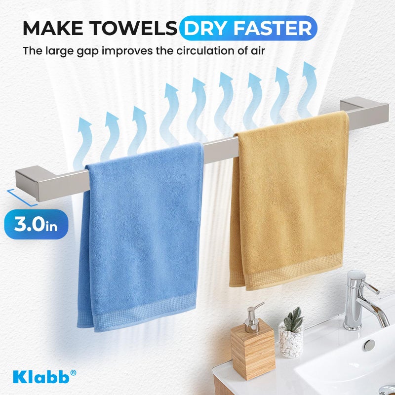 Klabb 4-Piece Metallic Silver Bathroom Hardware Set, 24 Inch SUS304 Stainless Steel Towel Bar Set with Toilet Paper Holder, Robe Hook & Towel Rack â€“ Wall Mounted Rustproof Bath Accessories - Image 2